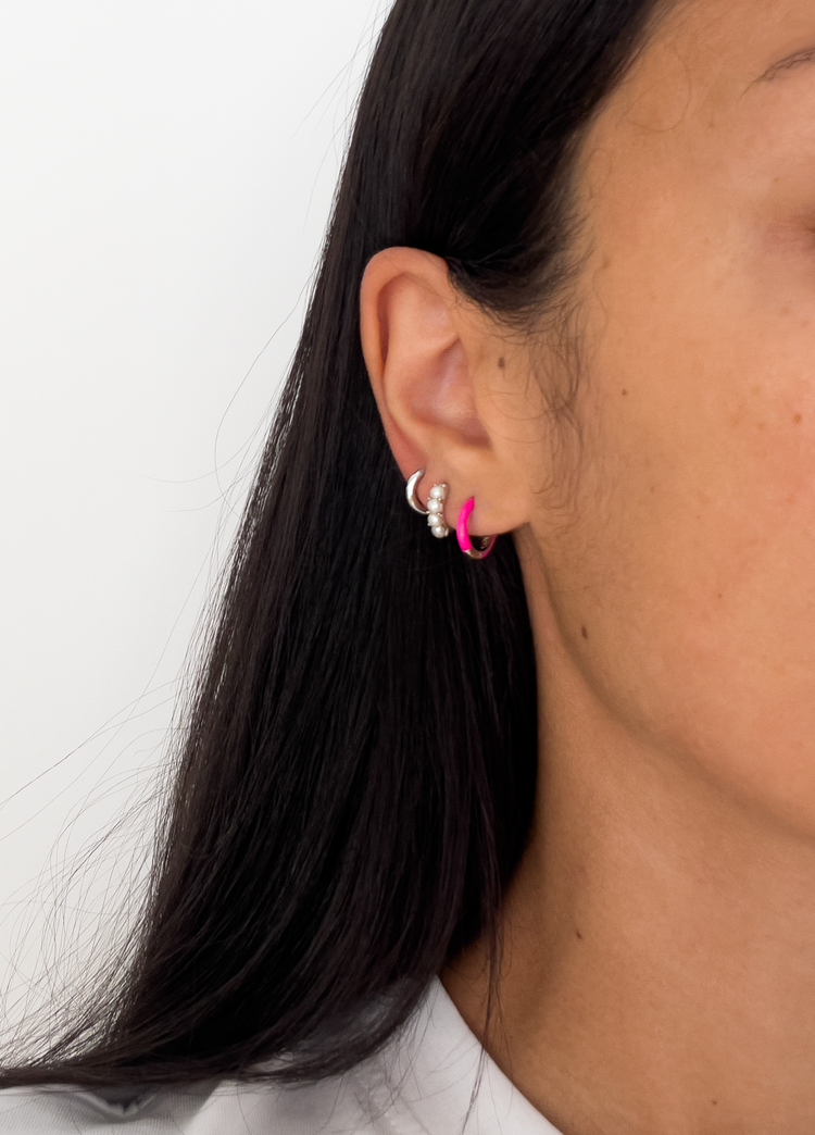 Hot Pink Enamel Silver Hoop Earrings